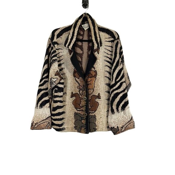 Sugar Street Weaver Animal Print Jacket OS Brown Knit Safari 80s Neutral Classic - Picture 1 of 14